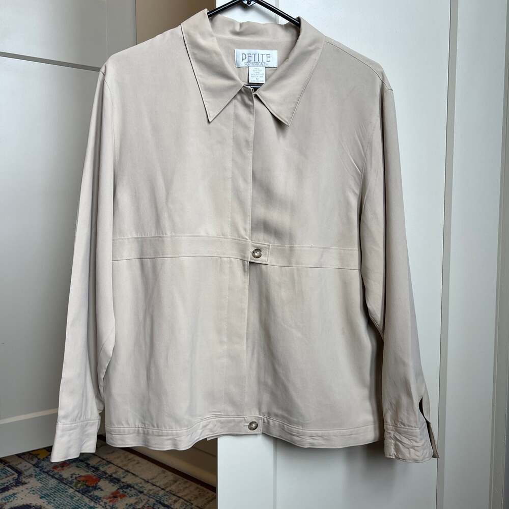 Vintage Petite Sophisticate 100% Silk Button-Up Shirt Jacket Sand Beige Size 12